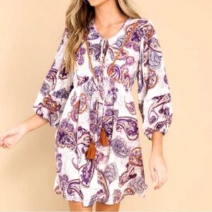 Band Of The Free Lyonette Paisley Boho Mini Dress Purple Small Tassel